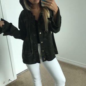 Camouflage button up hoodie with flare sleeves